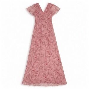 Lulus Pink Floral Metallic Lurex Maxi Dress Womens Small V-Neck Flutter Sleeve